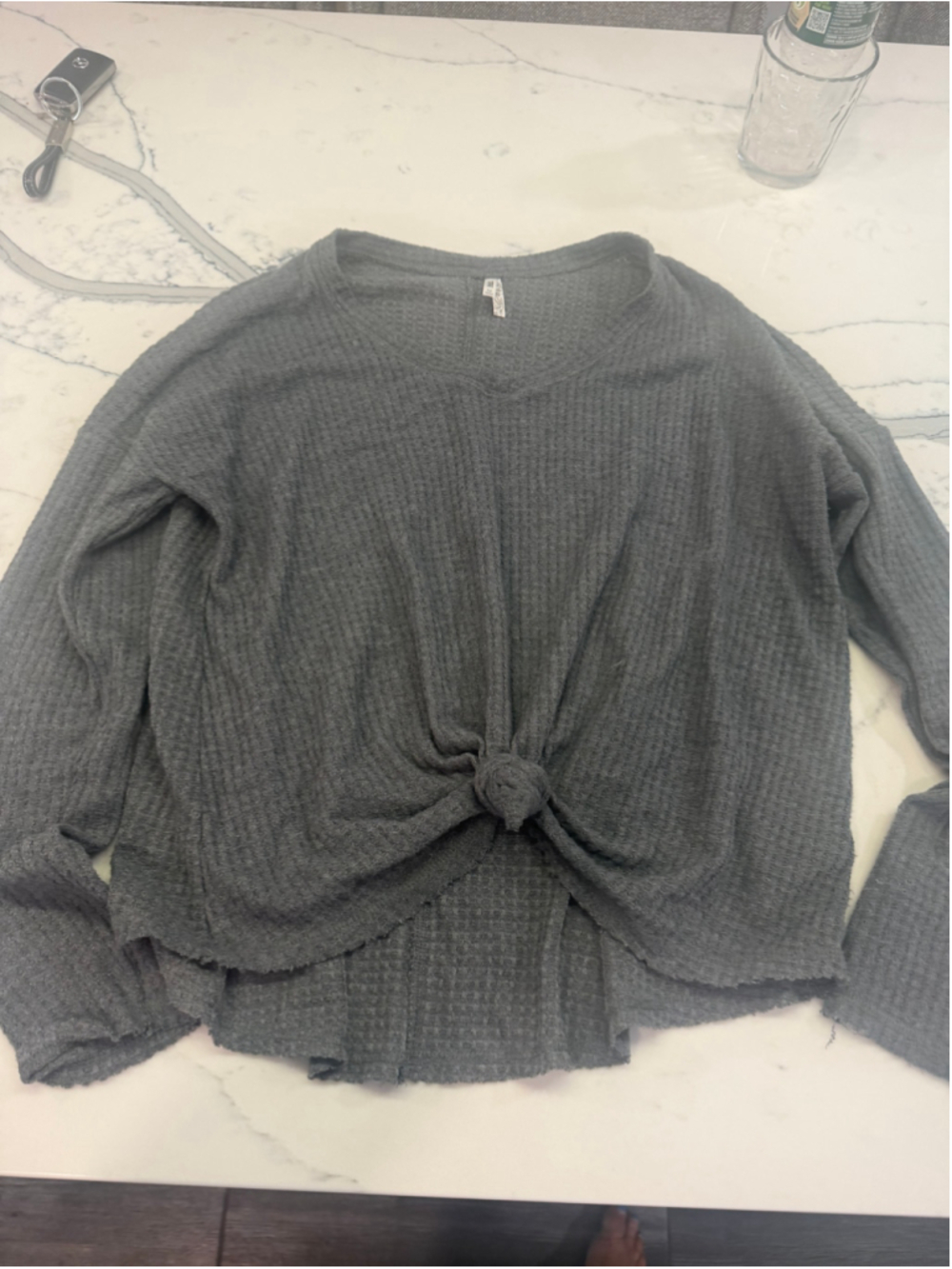 Women's Mudd Long Sleeve Waffle Knit Tie Front Top Grey Size M